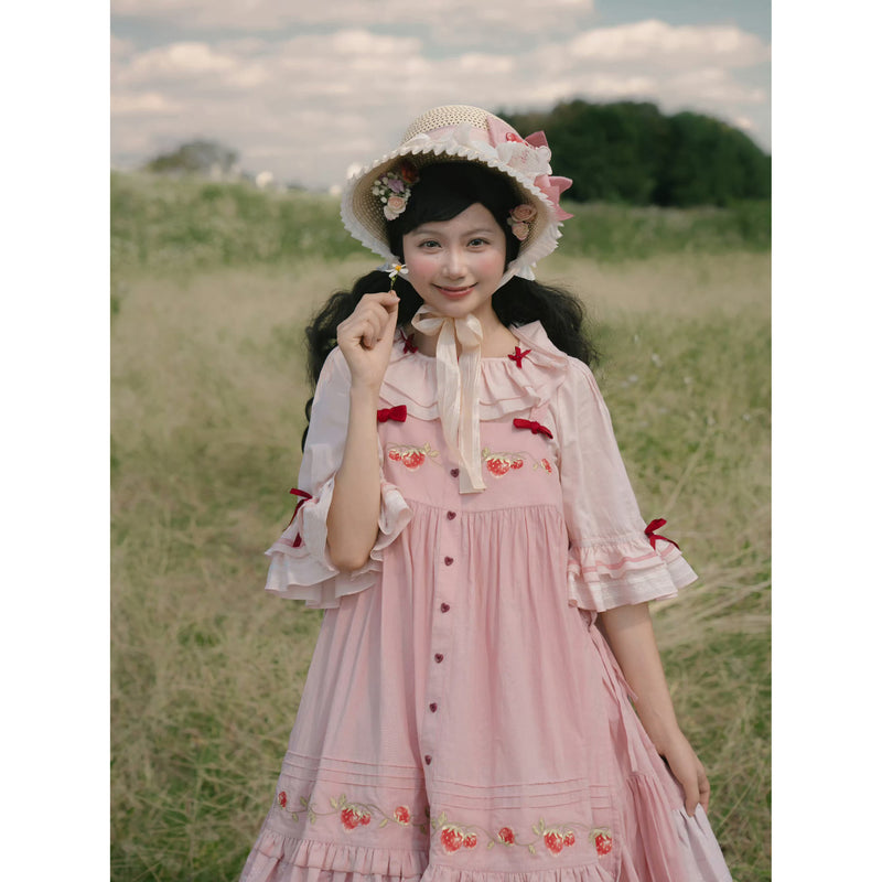 いちご摘みの刺繍トップスとスカートとブラウス - Pink[2026年2月上旬-3月上旬発送予定]