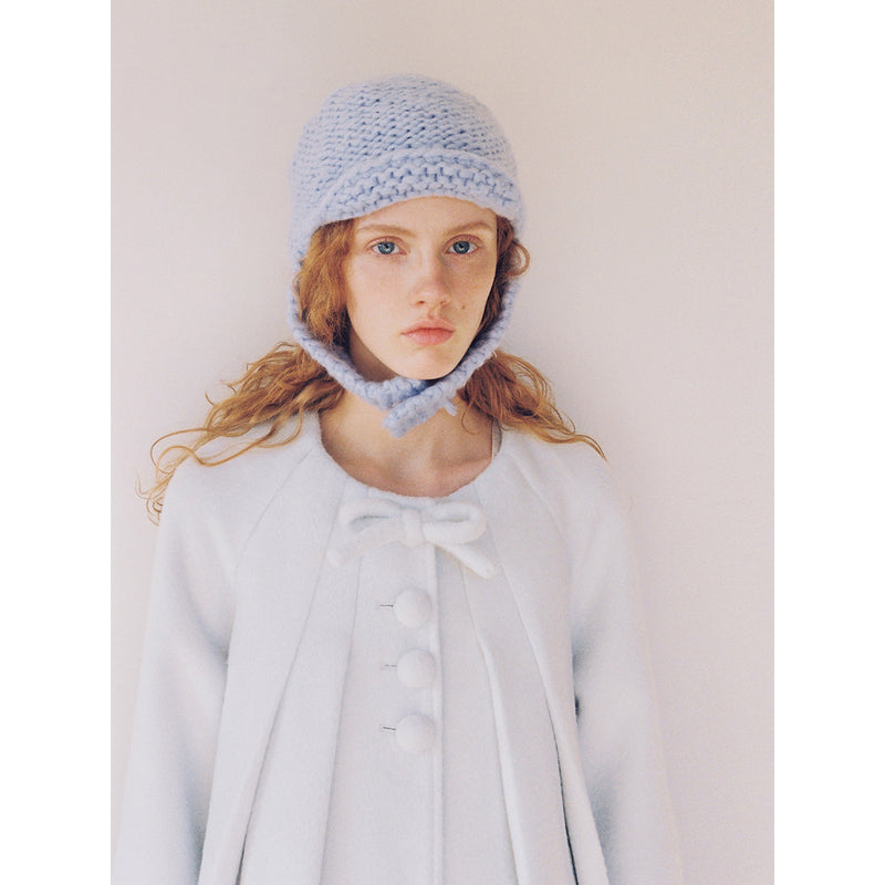 Frosty Blue Wool Pleated Coat with Ribbon