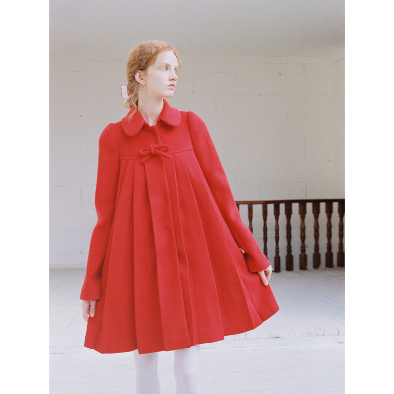 Bright Red Pleated Wool Coat with Ribbon