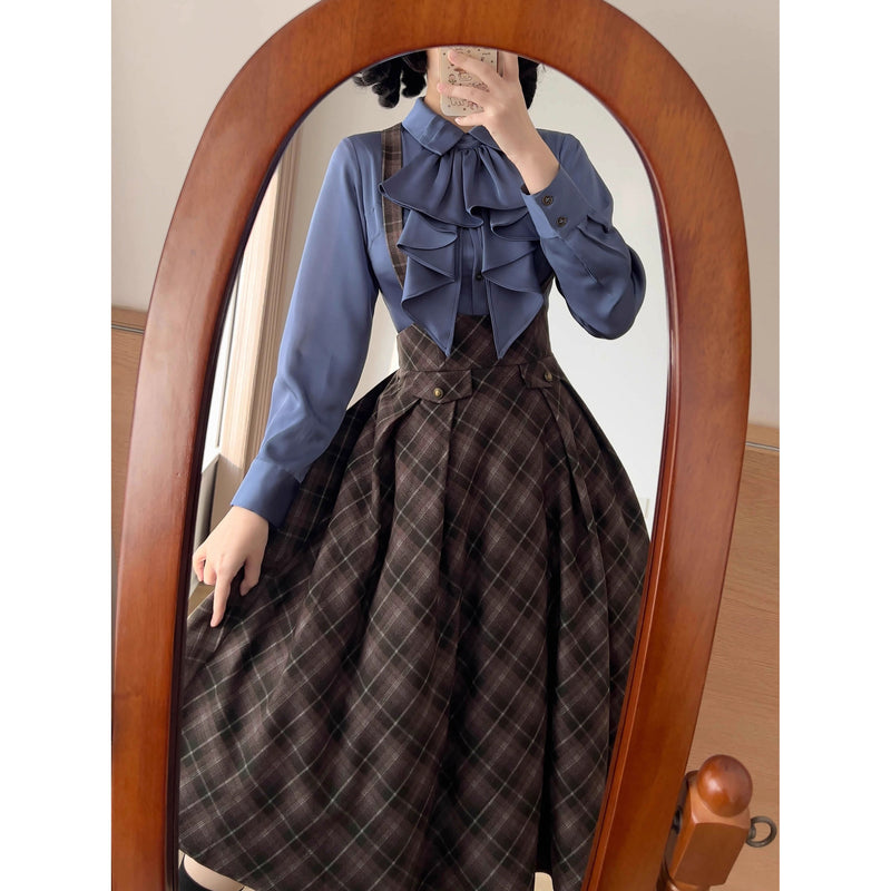英国のお嬢様のクラシカルジャンパースカート - Olive Gray Checked[2025年12月中旬発送予定]