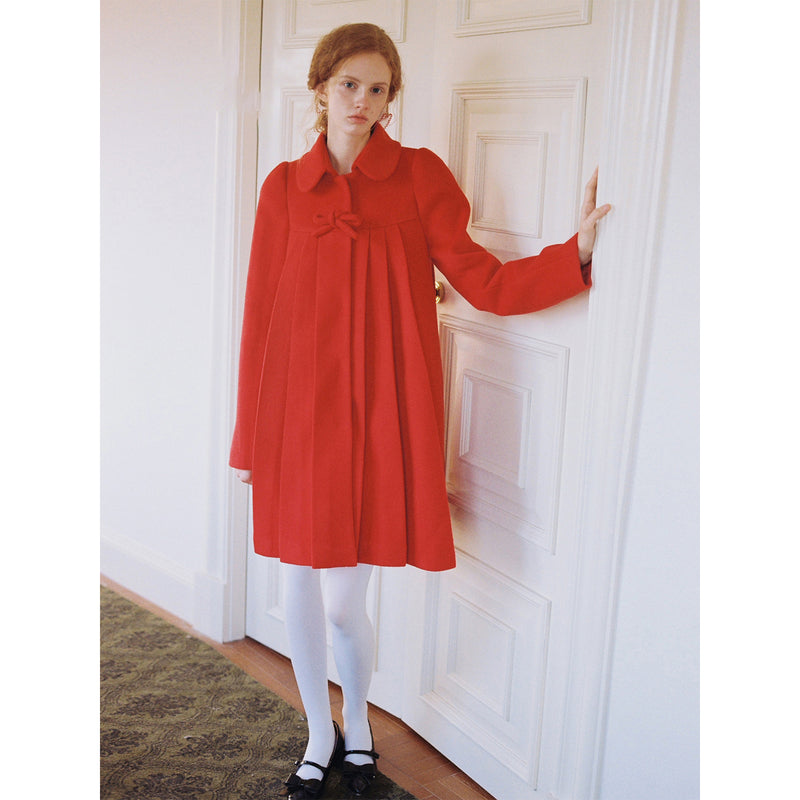 Bright Red Pleated Wool Coat with Ribbon