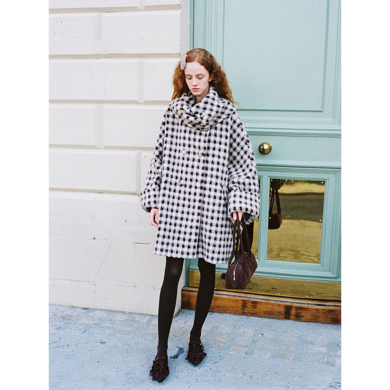 Dark Brown Plaid Snood Wool Coat