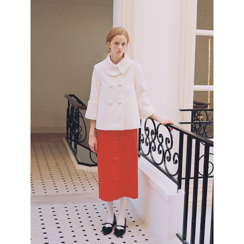 White Wool Coat and Ribbon Skirt