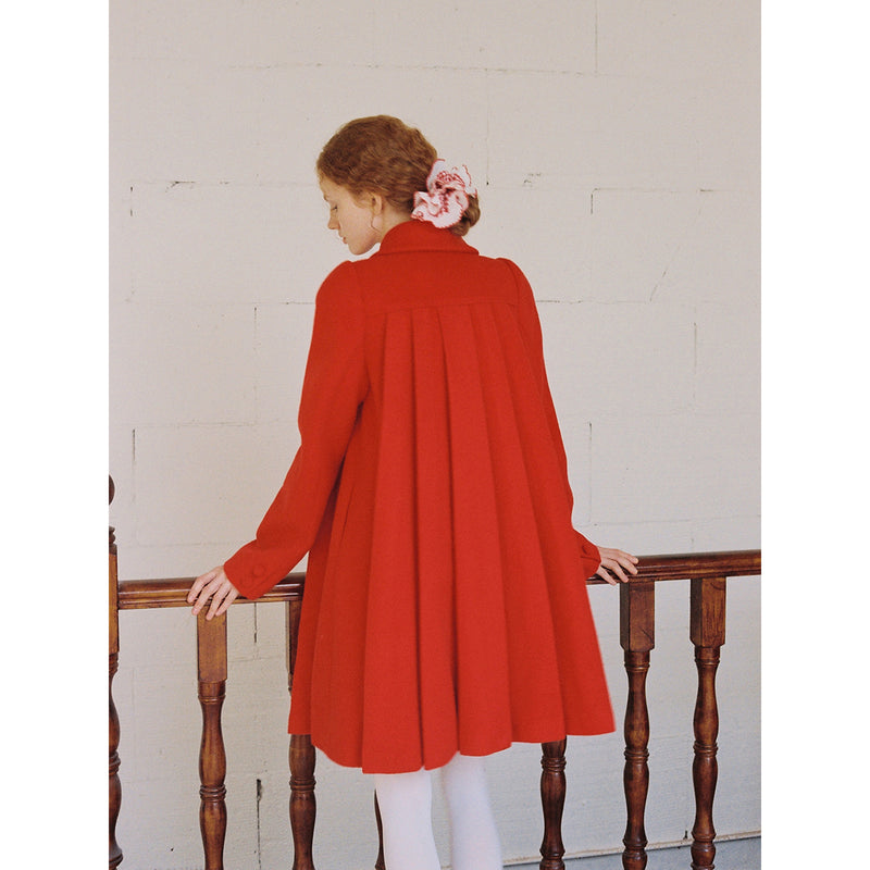 Bright Red Pleated Wool Coat with Ribbon