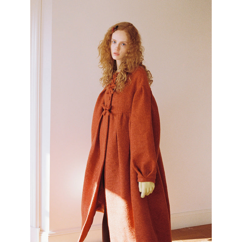 Camel Red Puffy Retro Wool Coat