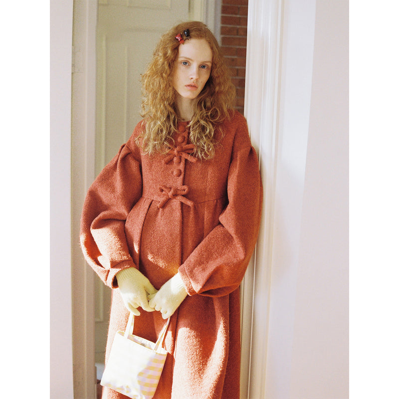 Camel Red Puffy Retro Wool Coat