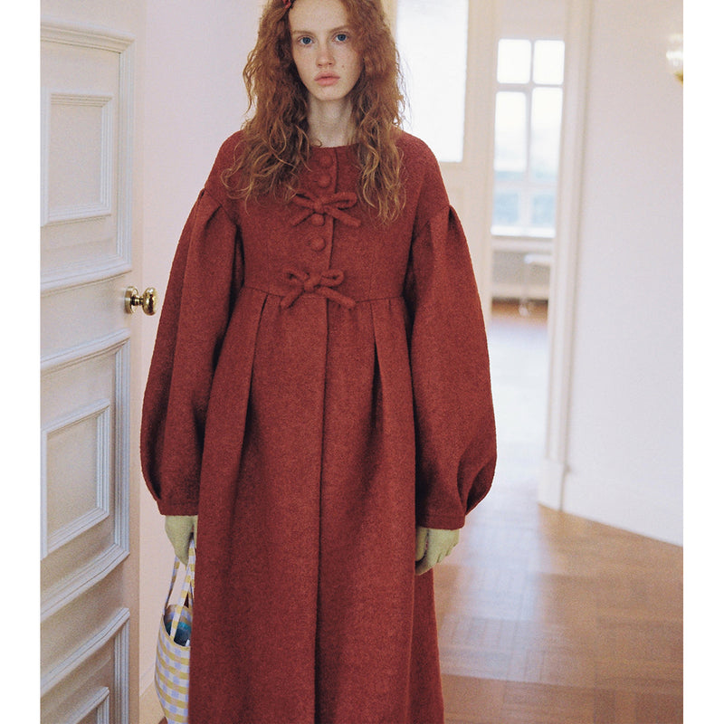 Camel Red Puffy Retro Wool Coat