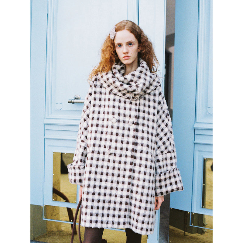 Dark Brown Plaid Snood Wool Coat