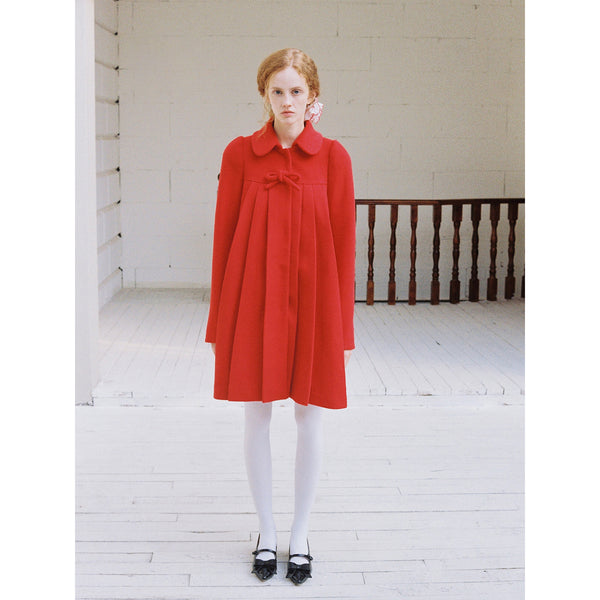 Bright Red Pleated Wool Coat with Ribbon