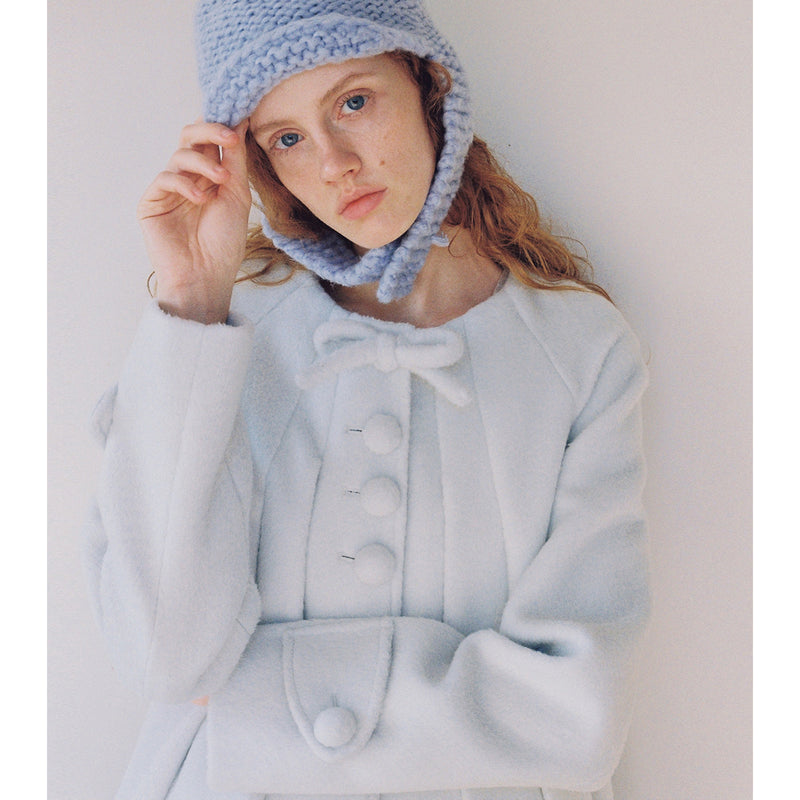 Frosty Blue Wool Pleated Coat with Ribbon