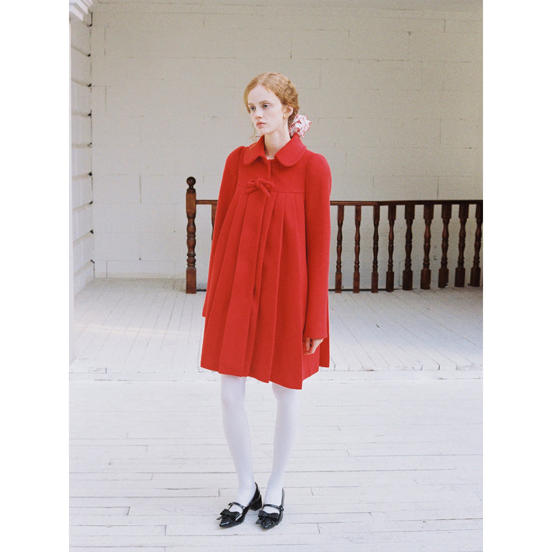 Bright Red Pleated Wool Coat with Ribbon