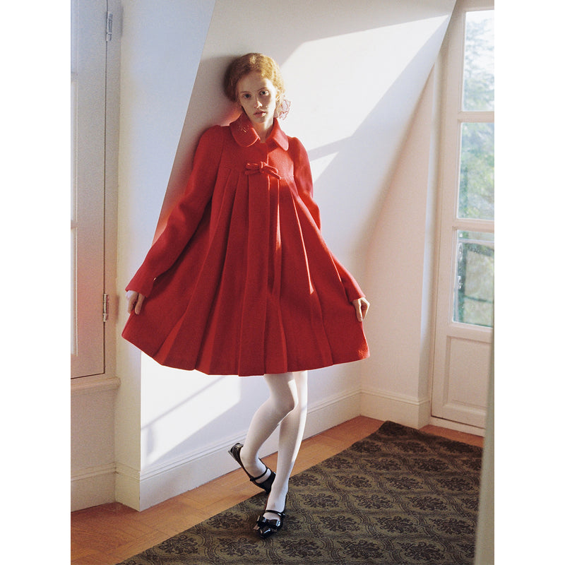 Bright Red Pleated Wool Coat with Ribbon