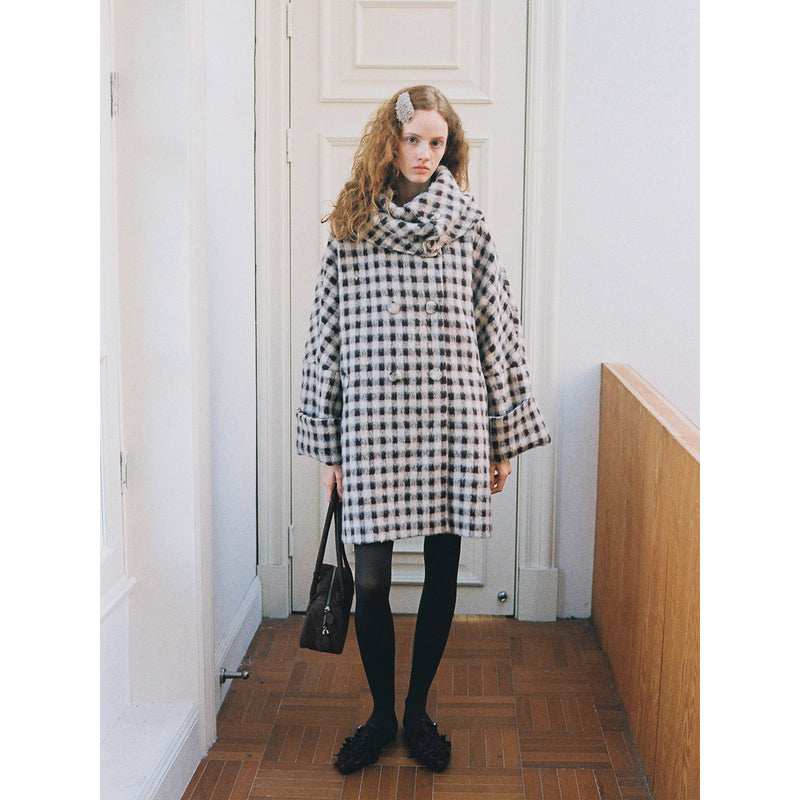 Dark Brown Plaid Snood Wool Coat