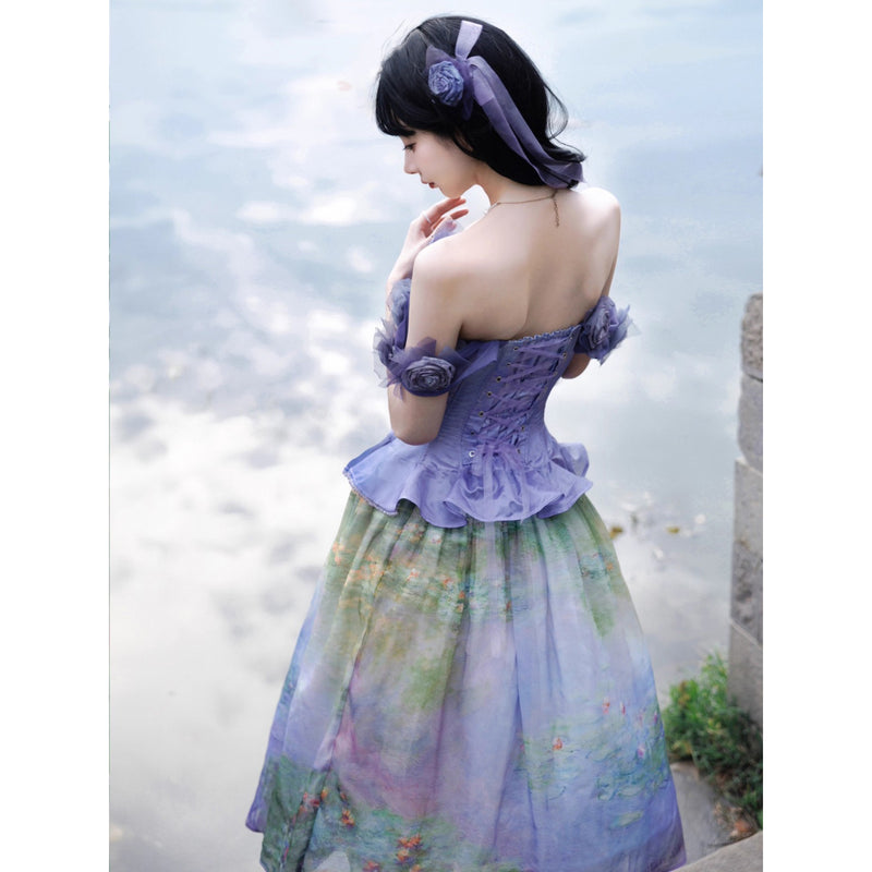 睡蓮の池の油彩画ビスチェとスカート - Ver2