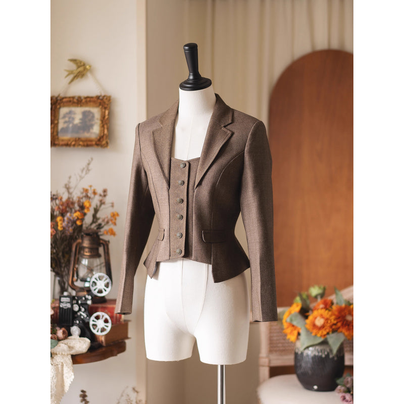英国のお嬢様のクラシカルショートジャケット - Brown[2025年12月中旬発送予定]