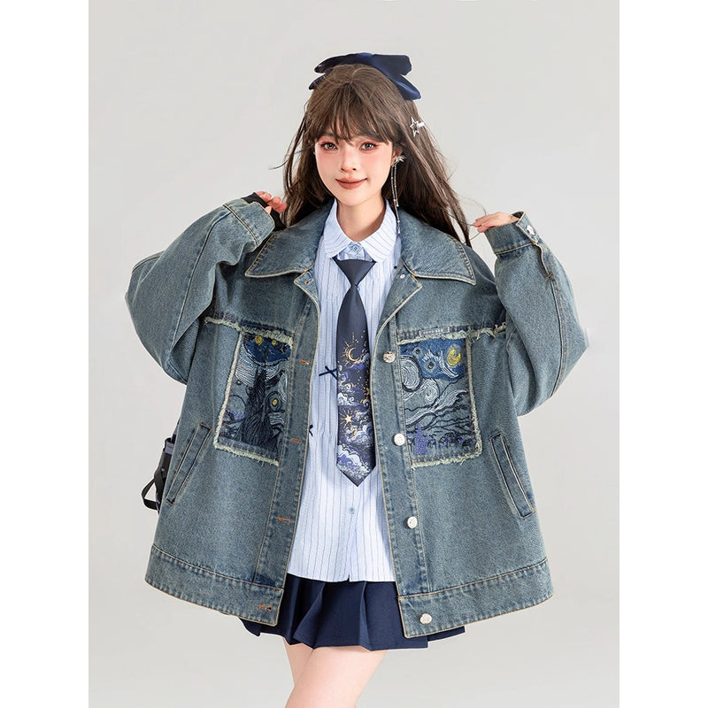 星月夜の刺繍デニムジャケット