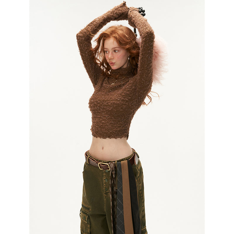 Brown Knitted Turtleneck Slim Top