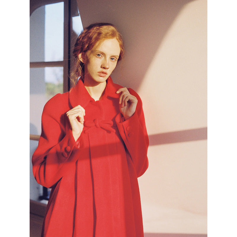 Bright Red Pleated Wool Coat with Ribbon