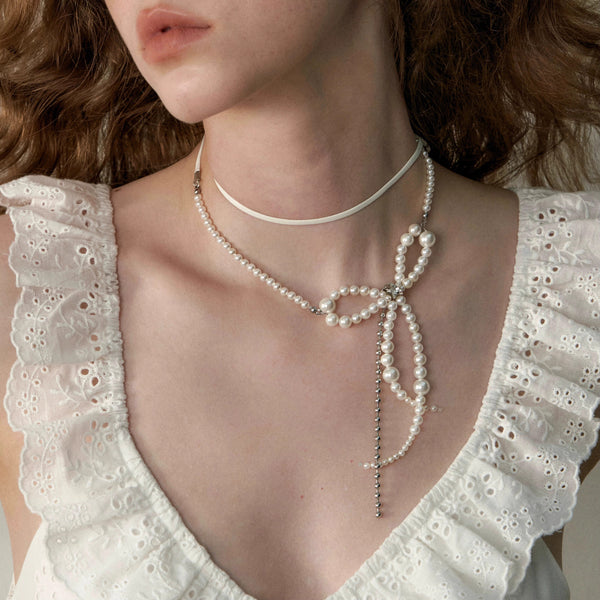 Pearl Ribbon Chain Choker Necklace