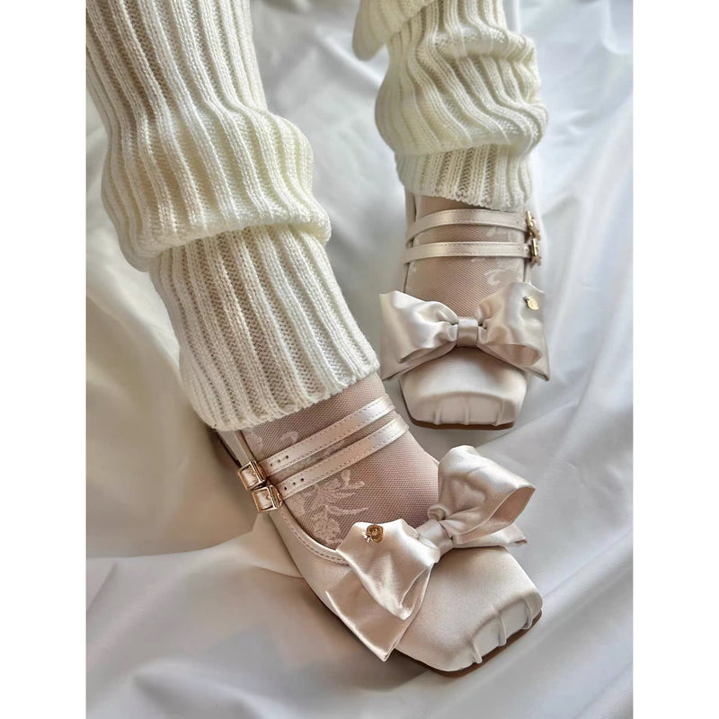 Square-toe Satin Ribbon Ballet Shoes - Champagne[2025年11月上旬-12月上旬発送予定]