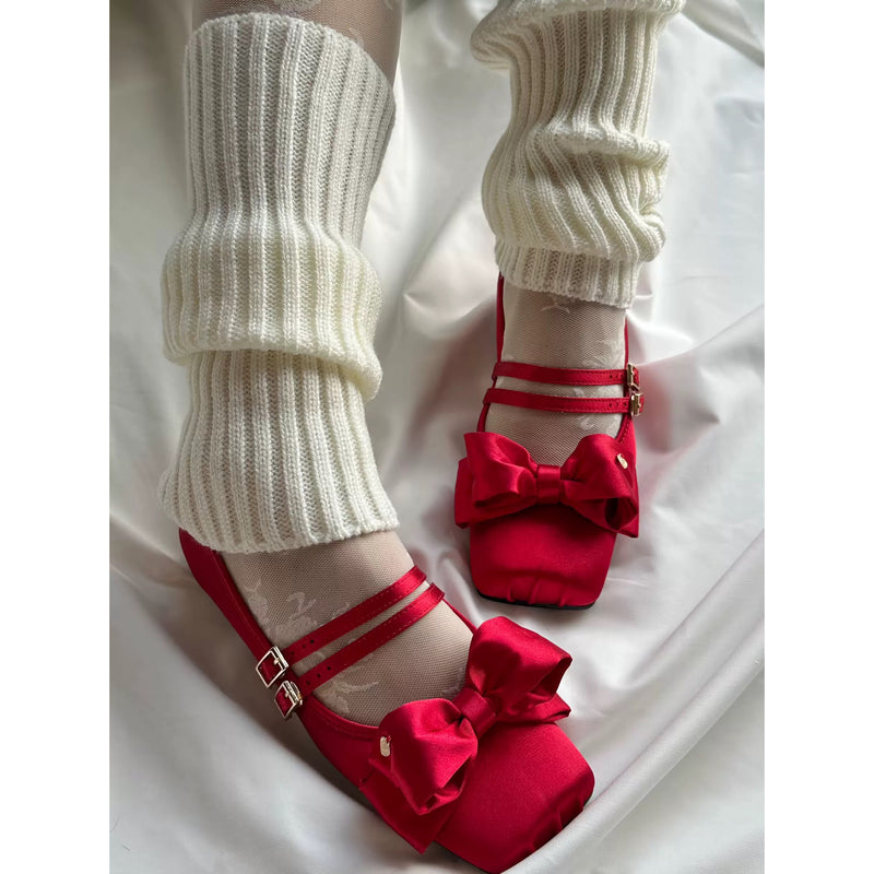 Square-toe Satin Ribbon Ballet Shoes - Bright Red[2025年11月上旬-12月上旬発送予定]