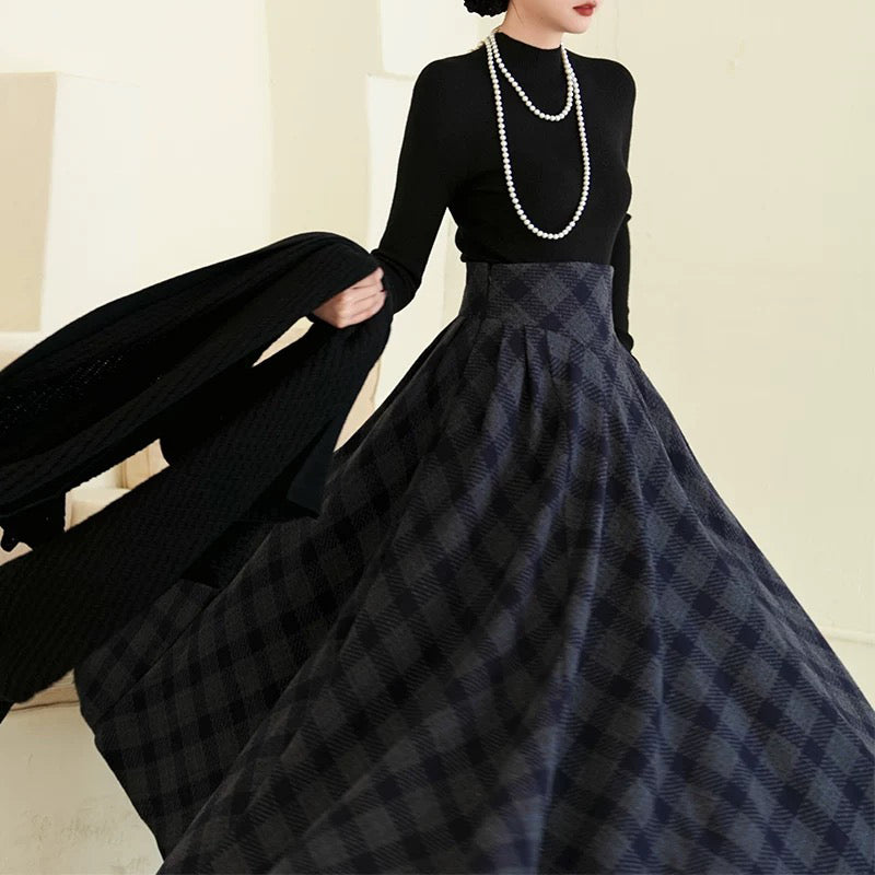 映画女優の格子柄ハイウエストロングスカート