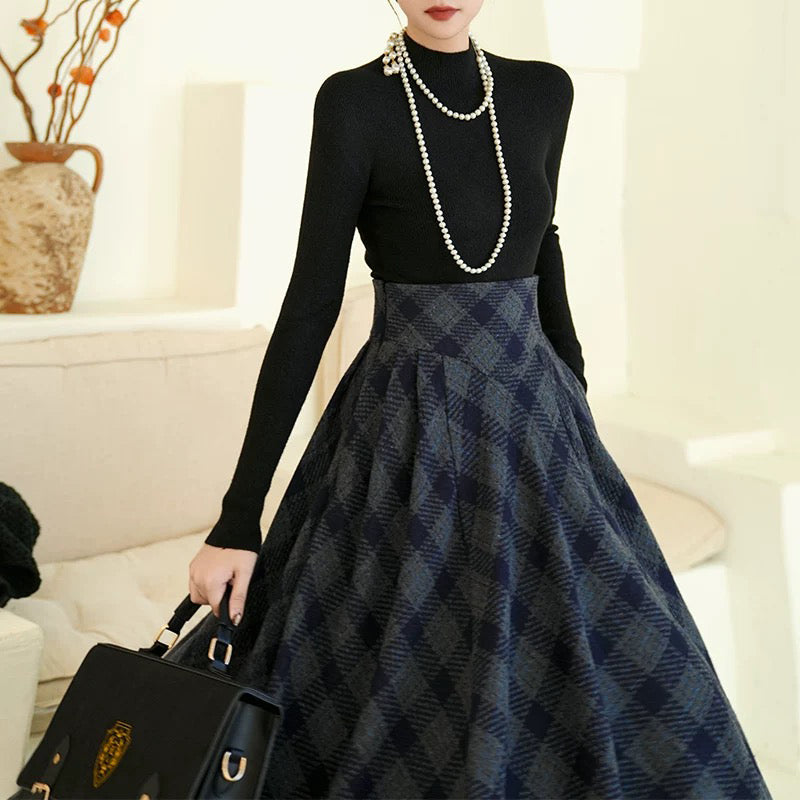 映画女優の格子柄ハイウエストロングスカート