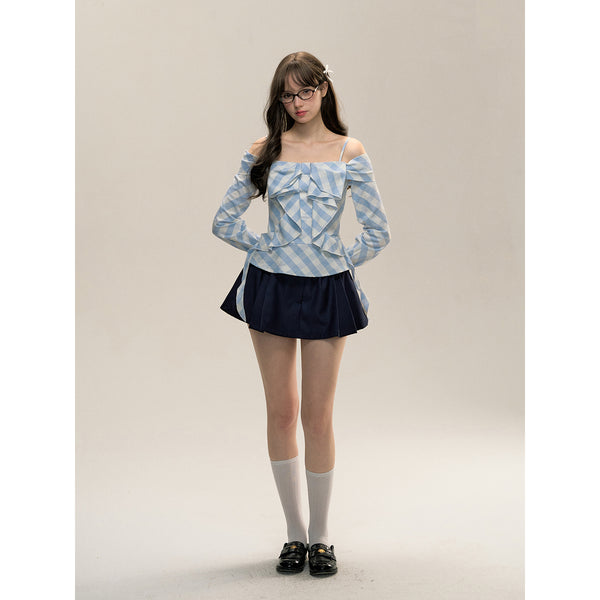 Light Blue Gingham Check Patterned Ribbon Top