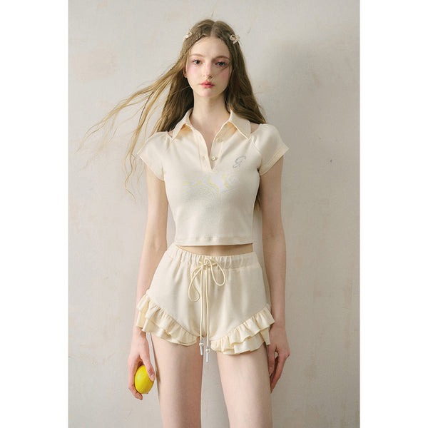 Cream Beige Short Polo Top and Ruffle Shorts