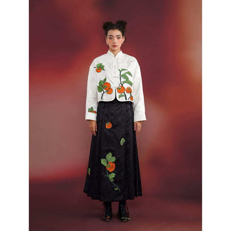 柿の実の刺繍チャイナジャケット（ホワイト）