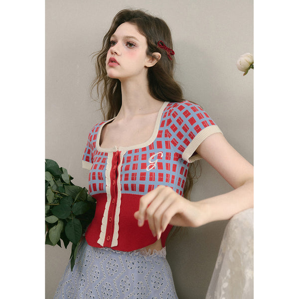 Retro Knit Top with Red Check Pattern