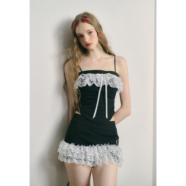 Black and White Lace Camisole Top and Short Skirt