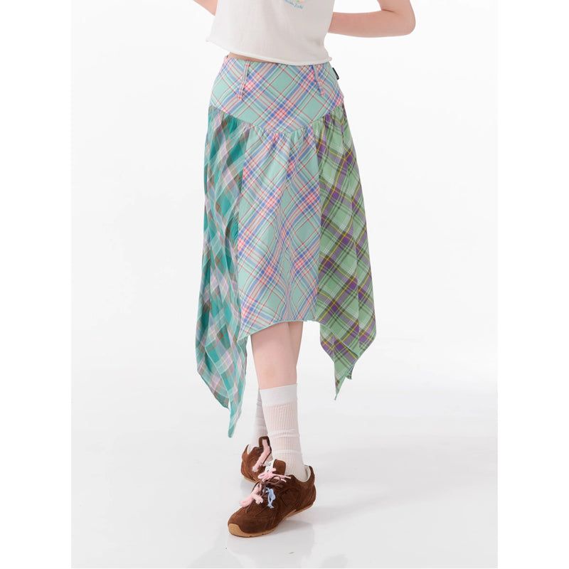 Green Checked Patchwork Asymmetrical Skirt