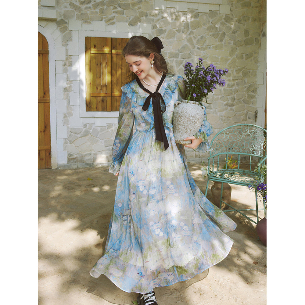 睡蓮の池の油彩画ヴィクトリアンワンピース ロリータ 睡蓮の池の油彩画ヴィクトリアンワンピース - Light Purple[2025