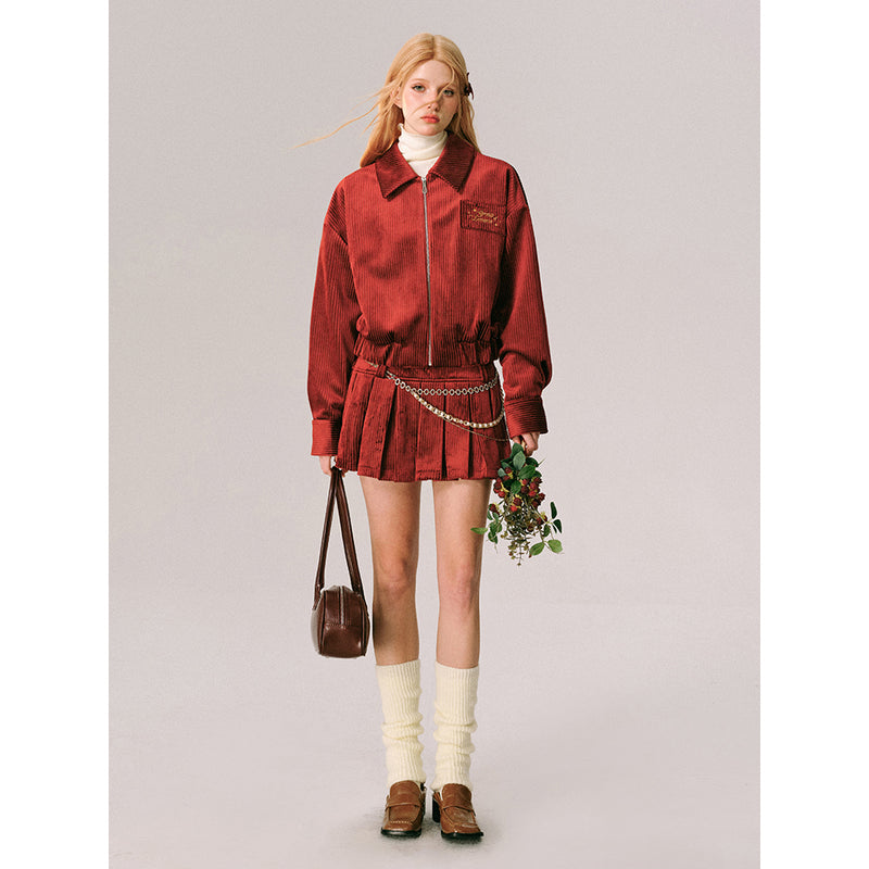 深紅のお嬢様のベルベットジャケットとロングスカートとショートスカート