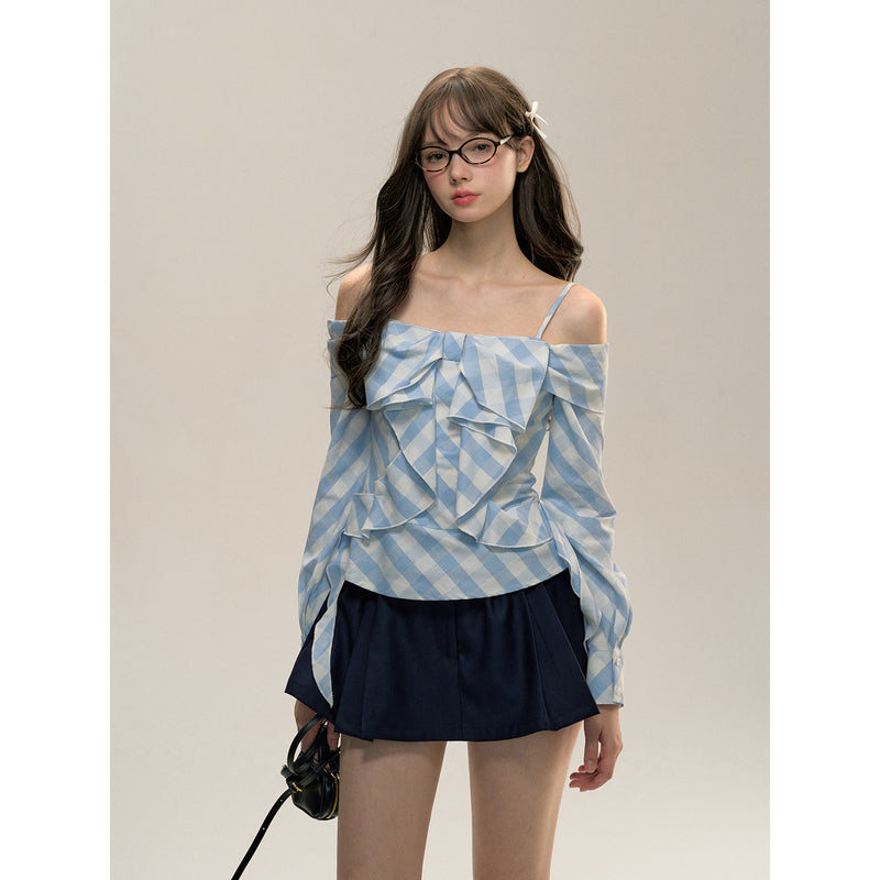 Light Blue Gingham Check Patterned Ribbon Top