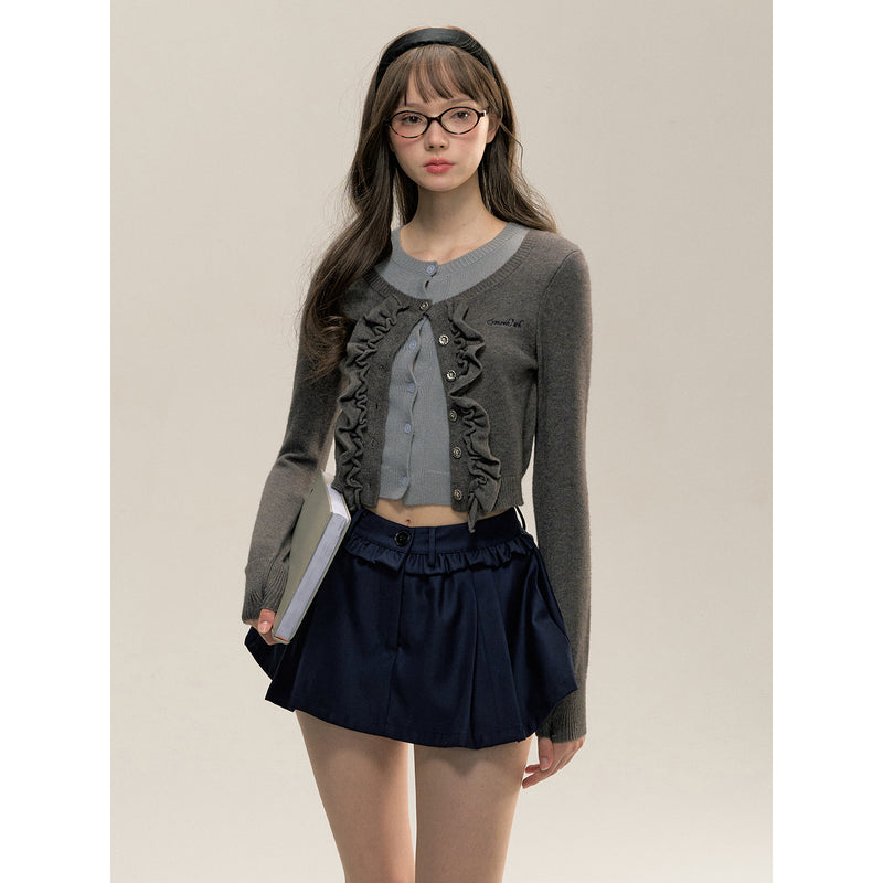 Two Piece Gray Ruffle Knit Cardigan