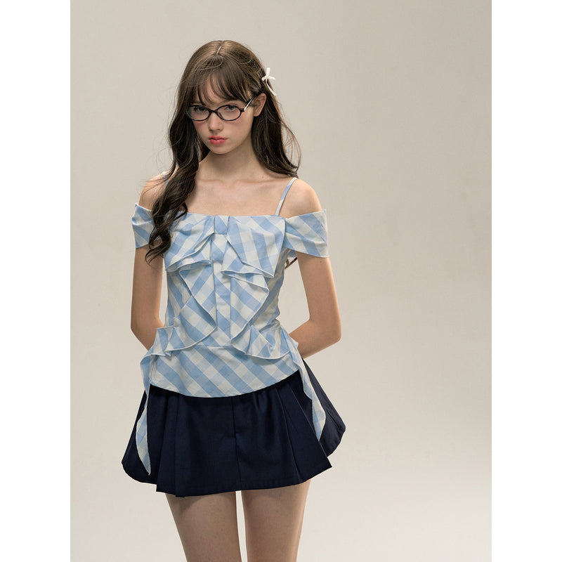 Light Blue Gingham Check Patterned Ribbon Top