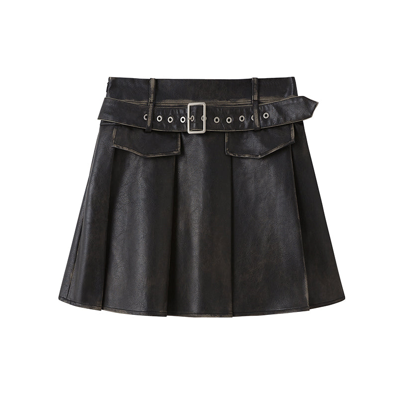 Retro Leather Belt Pleated Skirt