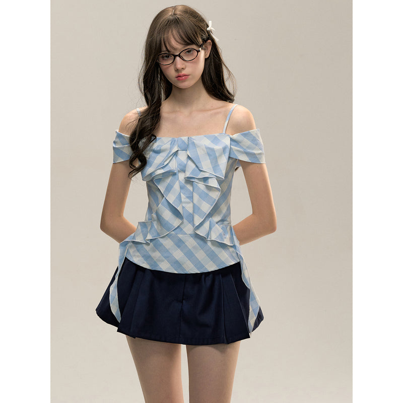 Light Blue Gingham Check Patterned Ribbon Top