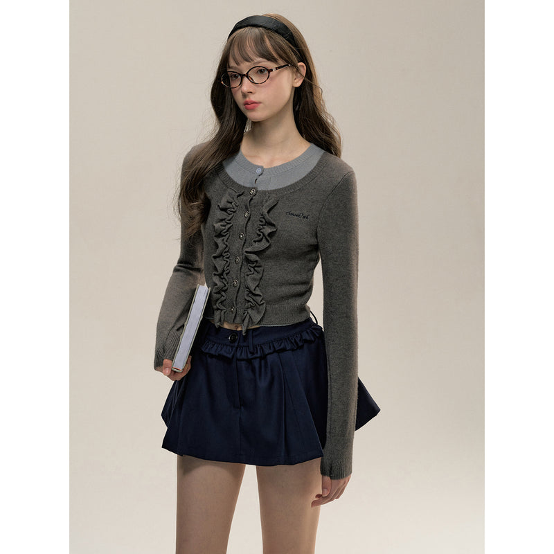 Two Piece Gray Ruffle Knit Cardigan