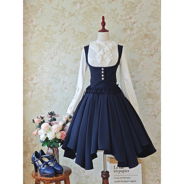 濃紺のお嬢様の編み上げベストとブルーミングスカート