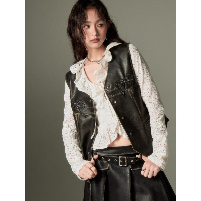 Retro Leather Vest with Ribbon