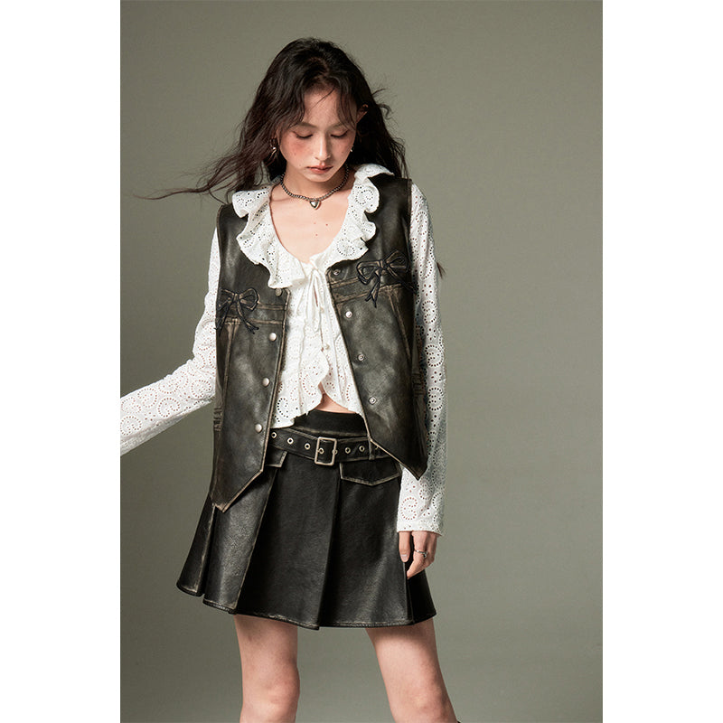 Retro Leather Vest with Ribbon