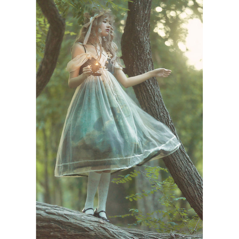 鬱蒼とした森の油彩画ジャンパースカート