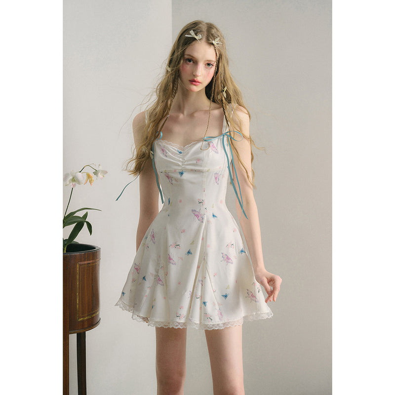Butterfly and Floral Pattern Strap Dress