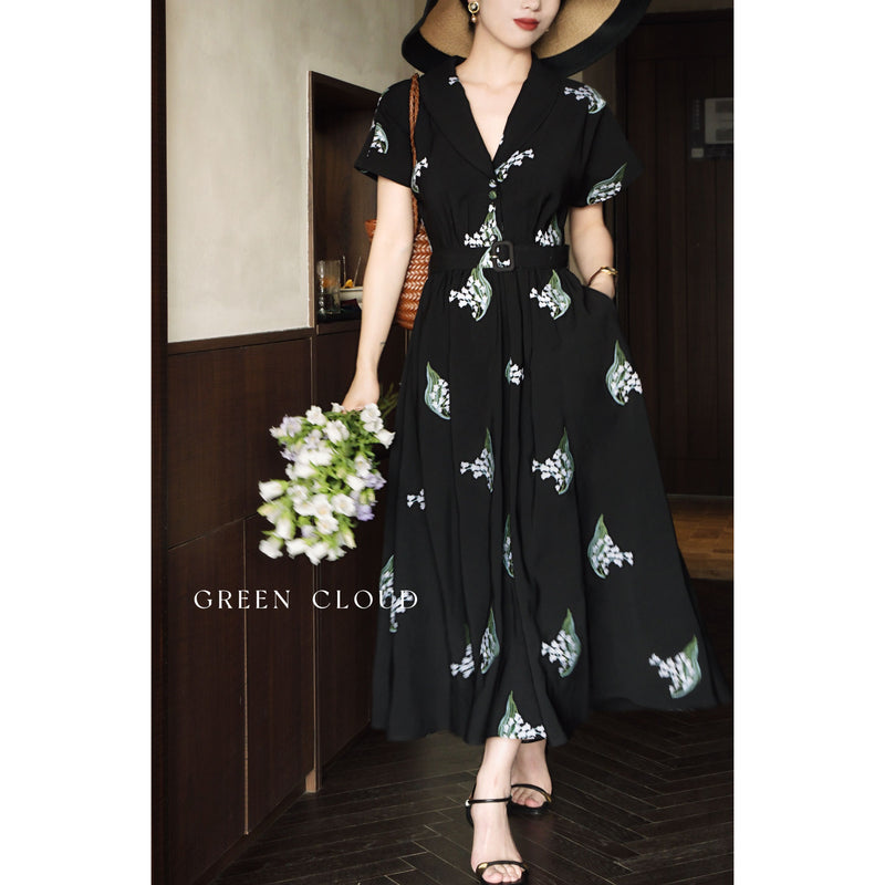 Lily of the Valley Flower Embroidered Black Dress