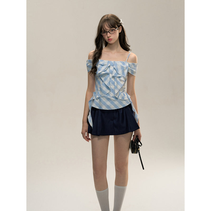 Light Blue Gingham Check Patterned Ribbon Top