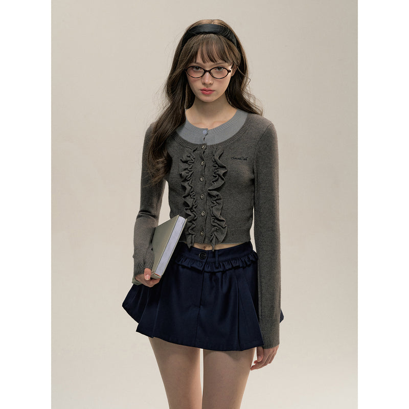 Two Piece Gray Ruffle Knit Cardigan