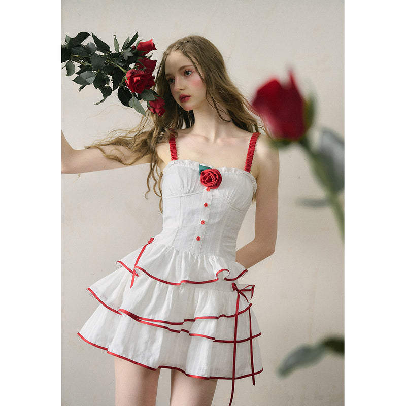 White Strap Dress with Rose Flowers